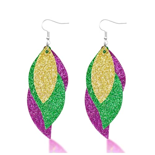 MEMFALL Pendientes de Mardi Gras para mujer, aretes de hoja de Mardi Gras, de cuero, morado, verde, amarillo, joyería de Mardi Gras, Metal, Sin piedra preciosa