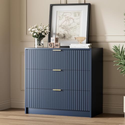 Image of Furniway 3 Piece Bedroom Set, 8 Drawer Dresser and 3-Drawer Nightstand Set of 2 with Gold Handles, Navy Blue Modern Wood Chest of Drawers Storage Cabinet for Bedroom
