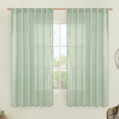 LAMIT Sheer Linen Curtains 63 Inch for Bedroom, Light Filtering Neutral Semi Sheer Farmhouse Boho Curtains Back Tab and Rod Pocket Living Room Panels, Fresh Green, 2 Panels, 52 x 63 Inch