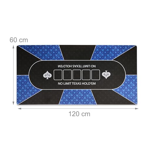 Relaxdays Pokermatte, 120x60 cm, Texas Hold'em, rutschfest, wasserfest, Pokerteppich mit Hülse, 10 Spieler, blau/schwarz