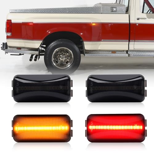Gempro LED Dually Fender Side Marker Lights for 1984-1996 Ford F250 F350 Amber Red Dual Rear Wheel Trunk Bed Marker Lamps 4PCS, Smoked Len