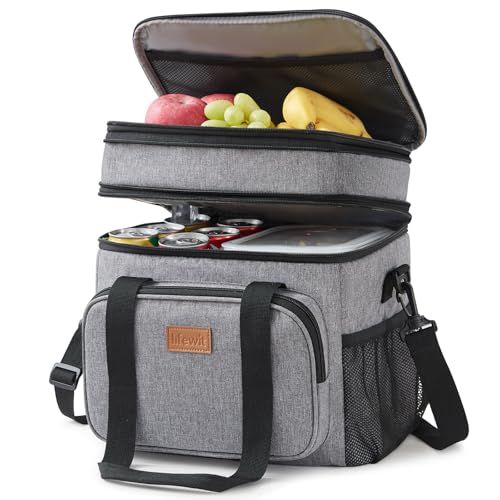 Lifewit Lunchtasche für Männer Frauen Doppeldecker-Lunchtasche, große isolierte weiche Kühltasche, auslaufsicher mit Schulterriemen für Erwachsene für Arbeit/Flug/Reisen, 21L/30 Dosen, Grau