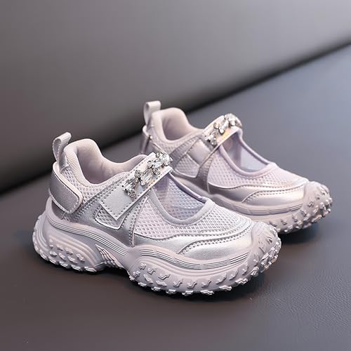 Girls Closed-Toe Summer Sandals withSparkle Strap, Breathable Mesh SportsSole, Adjustable Hook-and-Loop, Size28-362