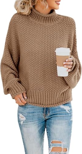 Saodimallsu Womens Turtleneck Oversized Sweaters Batwing Long Sleeve Pullover Loose Chunky Knit Jumper (XX-Large, Khaki)