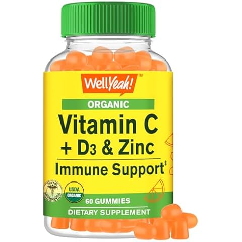 WellYeah Organic Vitamin C + D3 + Zinc Gummies - Immune Boosting, Antioxidant-Rich, and Bone Health Supporting, USDA Organic, Vegan, and Non-GMO - Gluten-Free, Nut-Free Gummy - 60 Count Cover