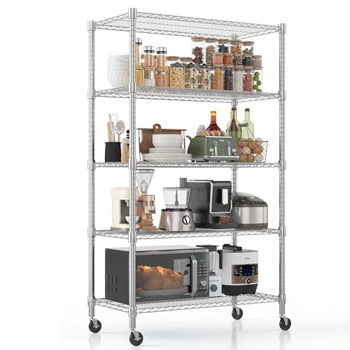 Homdox Heavy Duty Storage Shelves, 5 Tier Wire Shelving Unit with Wheels, Commercial Adjustable Metal Shelves for Storage, Garage Rack Pantry Shelves Kitchen Shelving, 18"x36"x82", Chrome