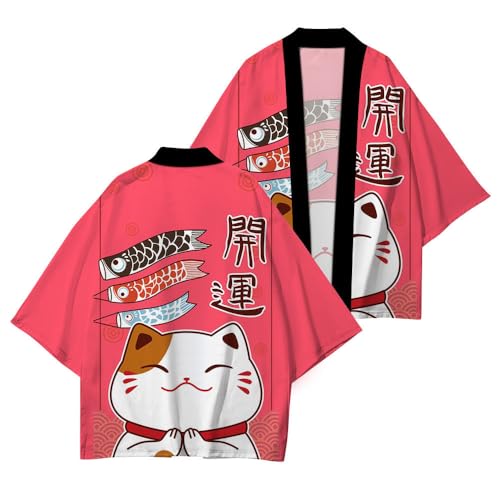 Image of LAI MENG FIVE CATS Women's Lucky Cat Cardigan Kimono Loose Cover up Casual Blouse Cute Tops