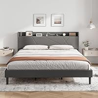 IRONCK 6ft Super King Bed Frame with Charging Station, Bed Frame Super King with Upholstered Storage Headboard, Sturdy Wooden Slat Support, No Box Spring Needed Grey, 180X200 cm