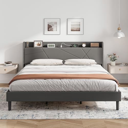 IRONCK 6ft Super King Bed Frame with Charging Station Bed Frame Super King with Upholstered Storage Headboard Sturdy Wooden Slat Support No Box Spring Needed Grey 180X200 cm