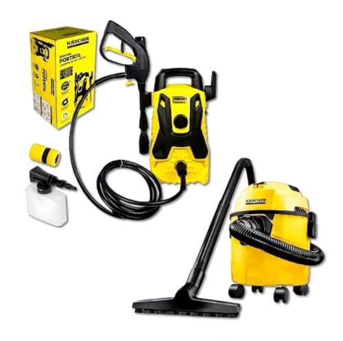 KARCHER Kit Pai Limpeza Completa Lavadora Alta Pressão Compacta 1500 PSI 110V 1400W + Aspirador WDL 1 1500W 10L Pó Água Carro Quintal Oficina Limpeza Residencial
