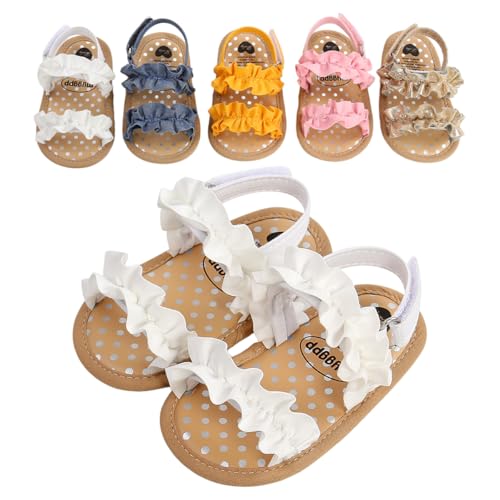 Yibubu Baby Girl Sandals Soft Sole First Walker Shoes Non Slip Toddler Summer Sandals Adjustable Strap Infant Walking Shoes Ruffle Bow Baby Dress Sandals for 0-18 Months (2010WT Infant Women 12 Months Age US Footwear Size System Medium)