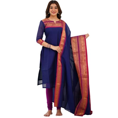 Image of TWINLIGHT Women's Kanchi Cotton Elephant Jaquard Work Kurta and Dupatta Set | V Neck 3 /4 Sleeves Straight Calf Length Kurti with Jaquard Border Work Dupatta | Kurti Set for Women