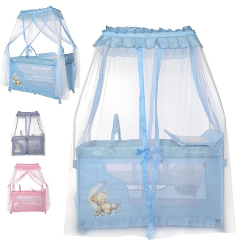 Lorelli 3 in 1 Babybett und Laufstall, Baldachin Betthimmel Magic Sleep mit 2 Ebenen, Kinderbett ab Geburt, Baby Reisebett, Wickelauflage, Rollen, Tasche, blau