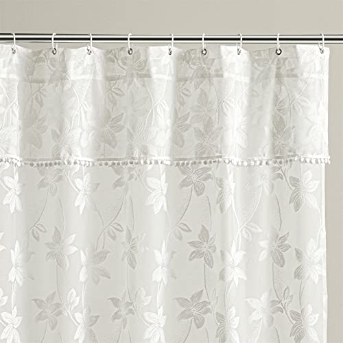 Estmy Vintage Boho White Sheer Shower Curtain With Attached Pompom Valance Set For Bathroom, Shabby Chic French Cottage Elegant Cute Floral Embroidery Lace Shower Curtain With Hooks Bathroom Decor #TOP4