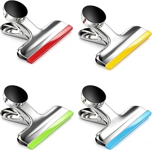 Image of HOUSE AGAIN 4 Pack Stainless Steel Magnetic Chip Bag Clips Covered with Silicone - NO More Sharp Edges - Color Coded for Food Bags - Hang Postcards Heavy Duty for Kitchen and Office, 3 Inches Wide