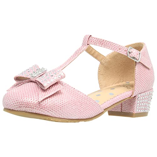 SOBEYO Girls Low Heels Pumps T-Strap Bow Accent Glitter Rhinestone Mary Jane Kids Sandals