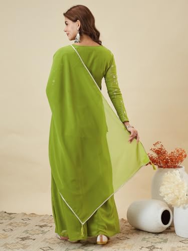Image of MOKOSH Women's Georgette Short Kurti Palazzo with Dupatta | Short Kurti Set |Ethnic Kurta Set for Women | Sweetheart Neck Full Sleeve | Indian Kurta Outfit With Palazzo Pants