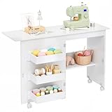Flrrtenv Folding Sewing Table Multipurpose Craft Station & Side Desk with Compact Design, Wheels, Shelves, Bins, Pegs, Magnetic Doors, Metal Doorknobs - White