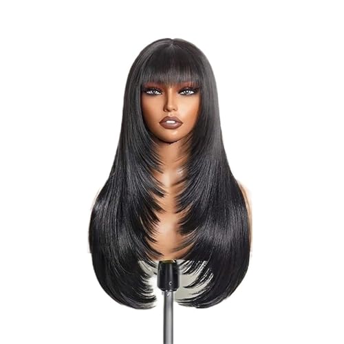 Perruque cheveux humains lisses frange longue 30 pouces densité 250 ondulé