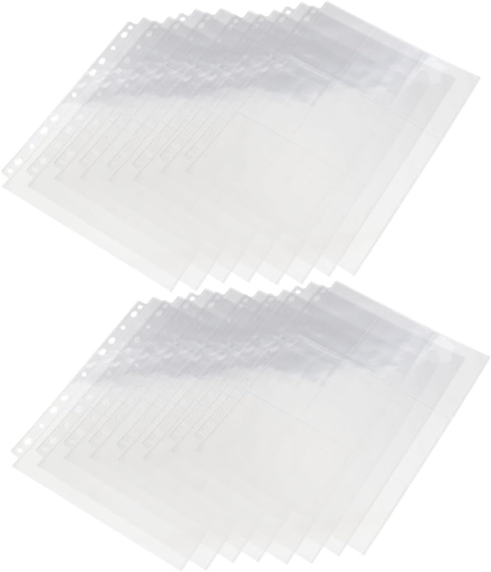 KICHOUSE 50pcs A4 Size 9-Pocket Photo Book Sleeves for 3-inch Photos Trading Card Holder Pages with 11-Hole Punch for Collectors and Scrapbooking