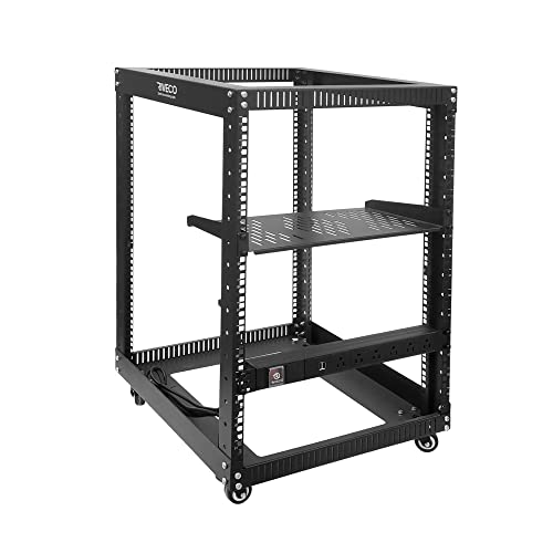 Riveco 15U Open Frame Server Rack With Wheels 19" Networking Cabinet + Pdu (8 Outlets) Power Strip Surge Protector + 1U Shelf Cantilever Tray Set Black #TOP8