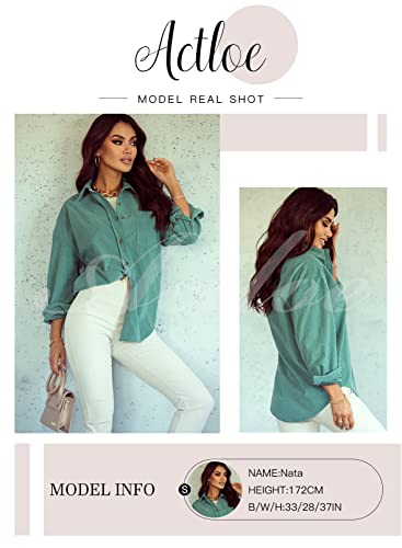 Actloe Womens Corduroy Shacket Jacket Button Down Shirts V Neck Blouses Tops Dressy Casual Long Sleeve Tops With Pocket Fall Fashion X-Large Green #TOP2