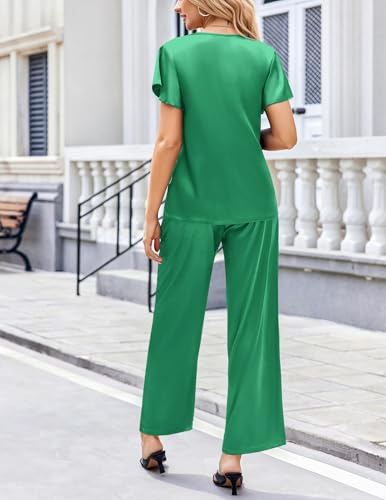 Image of Ekouaer Women's Satin Silky Pajama Set 2 Piece Short Sleeve Shirt with Long Pants Pjs Sets Soft PJ Loungewear S-XXL