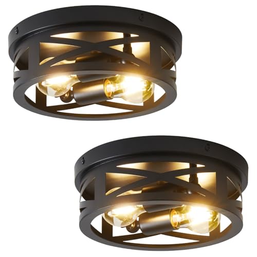 2-Light Flush Mount Ceiling Light Fixtures, Industrial Farmhouse Ceiling Light, Black Hallway Light Fixtures Ceiling, Vintage Light Fixtures Ceiling Mount Lamp for Hallway Kitchen Bedroom (2 Pack)
