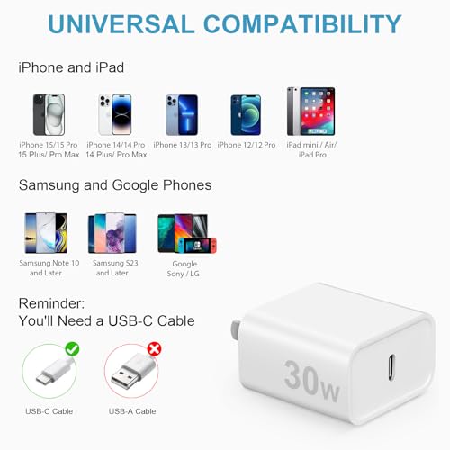 Image of iPhone 17 16 15 Charger Fast Charging 30W USB C Chargers Block Type C Charger 2 Pack 6FT Cord for iPhone 17 /17 Plus /17 Pro Max /Air /16 /16 Plus /16 Pro Max /15 Pro Max /iPad Pro /Samsung