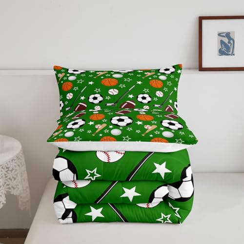 Image of Feelyou Sports Theme Bedding Set Queen Size Basketball Football Baseball Hockey Comforter Set for Kids Boys Girls Teens Toddler Ball Games Duvet Set Green Quilt Set 2Pcs