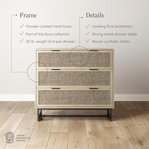 Image of Nathan James Kova 3-Drawer Rattan Dresser or Boheminan Living Room Storage Cabinet with Textiline Rattan Accent and Metal Legs, Light Oak /Black, Set of 3