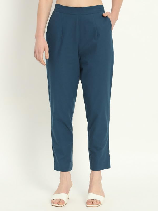 Image of Women's Solid Straight Fit 100% Cotton Trousers | High Waist, Side Pockets, Ankle Length Pants for Office, Casual