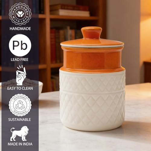 Image of Ceramic Storage Jar with Lid Set of 2-1000 ML Each | Orange & White Textured Kitchen Container for Tea, Coffee, Sugar, Snacks & Dry Storage | Decorative Countertop Jar