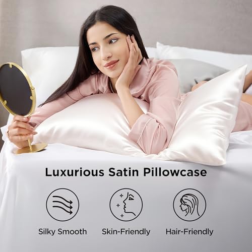 Image of Bedsure King Size Satin Pillowcase Set of 2 - Ivory Silky Pillow Cases for Hair and Skin with Envelope Closure, Similar to Silk Pillow Cases, Gifts for Women Men, 20x36 Inches, 2pcs