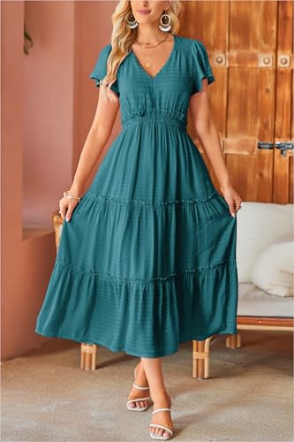 Image of VOTEPRETTY Women's 2026 Summer Boho Maxi Dresses Flutter Short Sleeve V Neck Casual Beach Wedding Guest Vacation Long Dress