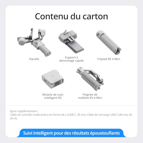DJI RS 4 Mini Bundle, stabilisateur de nacelle pour caméra Canon/Sony/Panasonic/Nikon/Fujifilm, Verrouillage Automatique des Axes, Charge utile de 2 kg, nacelle de caméra, poignée de malette