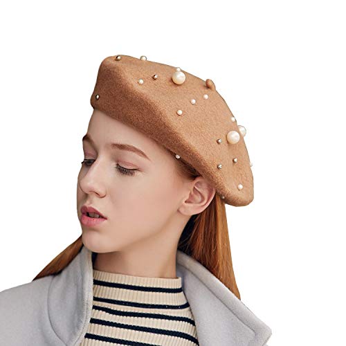 Gllutt Klong Women Wool Beret Hat French Style Solid Color with Venetian Pearl (Camel+Pearl)