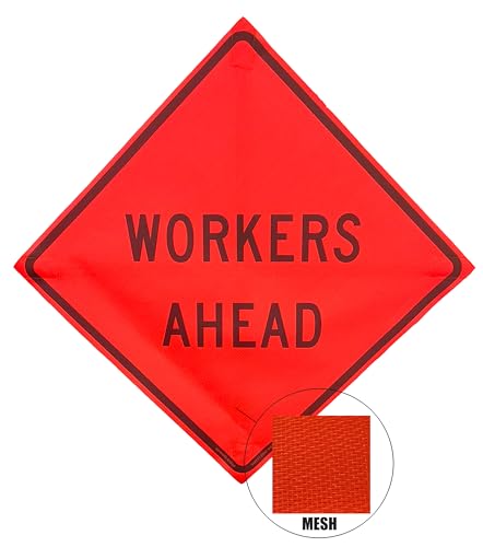 Image of OrangeGear 36 inchx36 inch Workers Ahead Mesh Sign & Steel Spring Stand | MUTCD TTC compliant orange mesh roll-up sign kit with fiberglass cross ribs and single-spring steel stand.