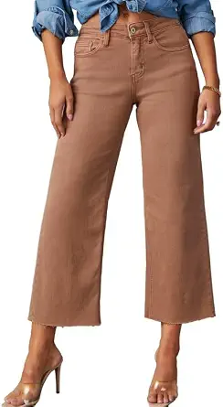 Allimy Women's High Waisted Wide Leg Ripped Capri Jeans