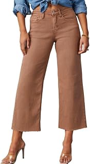Allimy Women's High Waisted Wide Leg Ripped Capri Jeans | Allimy Women's Jeans Pants Straight Wide Leg Ankle Jeans Frayed Hem Stretchy Capri Denim Pants