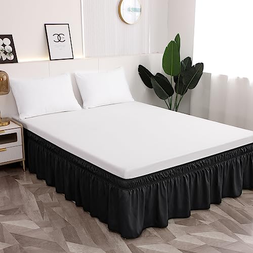 Toodou Easy to Install Wrap Around Bed Skirt Three Fabric Sides Elastic Dust Ruffled 16 Inch Tailored Drop Fade Resistant-Black Twin/Twin XL