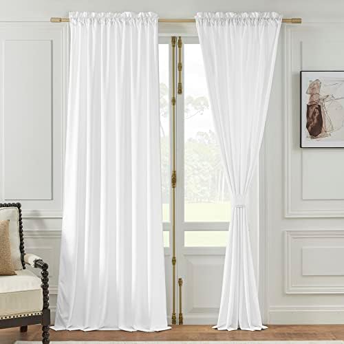 Timeper Cool White 96 inches Curtains - Luxurious Velvet Rod Pocket Window Panels Room Darkening for Living Room/Bedroom (White, 1 Pair of W52 x L96 inches Curtains and 2 Lace Tiebacks)