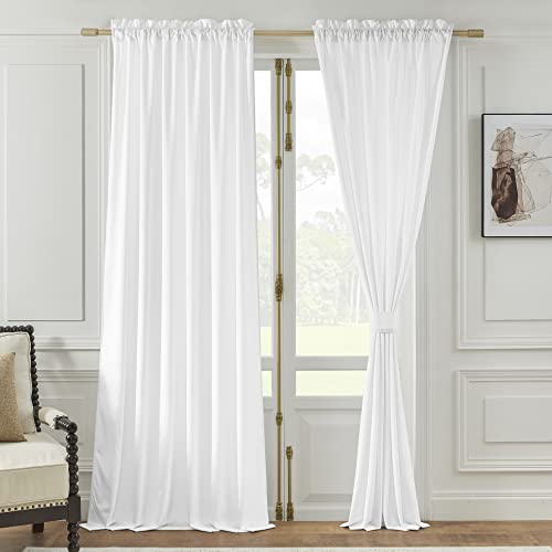 Timeper Cool White 96 Inches Curtains - Luxurious Velvet Rod Pocket Window Panels Room Darkening For Living Room/Bedroom (White, 1 Pair Of W52 X L96 Inches Curtains And 2 Lace Tiebacks) #TOP1