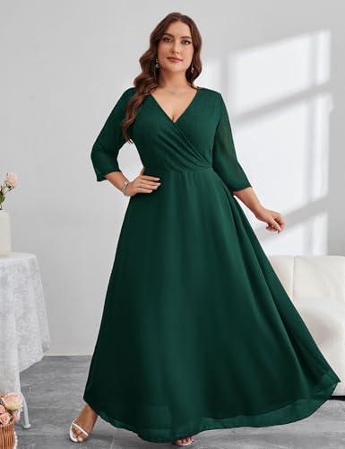 Image of ZOMVA Plus Size Maxi Formal Dress Lace Chiffon Floral V-Neck Wrap Wedding Guest Evening Gown Cocktail Prom 3 /4 Sleeves