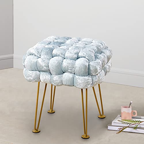 Image of Warmaxx Light Blue Soft Upholstered Ottoman Entryway Bench Seat 16"x16"x16" Sturdy Accent Coffee Table for Living Room Make Up Vanity Fluffy Shoe Stool with Golden Legs for Bedroom Closet Foot Rest