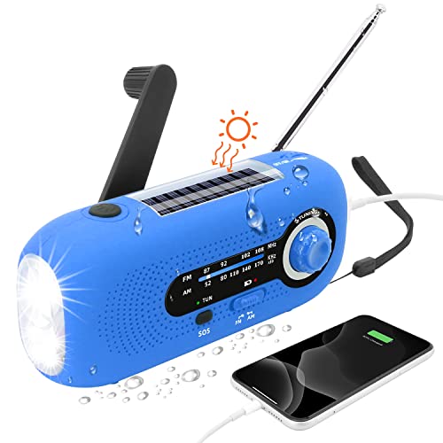 Radio de Emergencia,Journy Radio de manivela,Radio Portatil Pequeña con Alarma SOS para emergencias, Radio de manivela Am/FM, Linterna, Banco de energía de 2000 mAh(Azul)