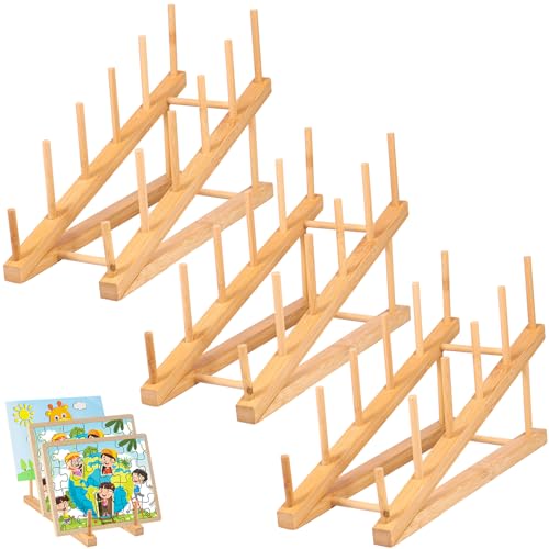 Juego de 3 bandejas para platos de madera, soporte de madera, 5 ranuras para platos para cocina, caserola de cocina, cesta para tazas, vajilla, secadores de libros, escurridores, CD, libro