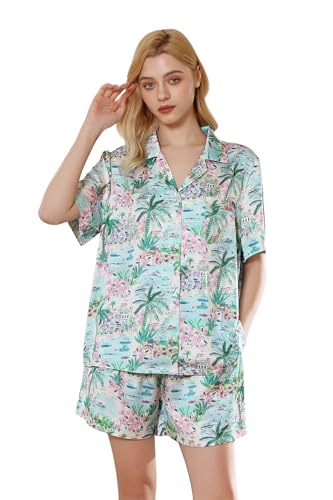 Image of YiNi LuLu Womens Silk Satin Shorts Pajamas Set Button Down 2 Piece Pjs Short Sleeve Oversized Sleepwear with Pockets