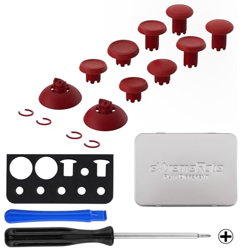 Image of eXtremeRate ThumbsGear V3 Interchangeable Ergonomic Thumbsticks for PS5 Controller, Replacement Analog Thumb Sticks for PS4 Controller - Carmine Red 4 Height Adjustable Convex, Concave Grip Joysticks