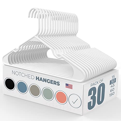 Usa-Made Notched White Plastic Hangers (15, 30, 45, 60, 150 Packs) Clothes Plastic Coat Hangers | Non-Slip Heavy Duty White Hangers Plastic, Quality Slim Adult Hangers Shoulder Grooves (30 Pack) #TOP25
